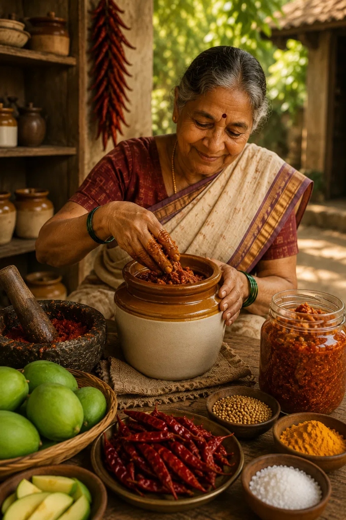 Homemade pickle preparation by grandmother